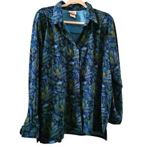 Vintage Womens Floral Collard Button Up Shirt Blue & Green Size L Whimsy Goth